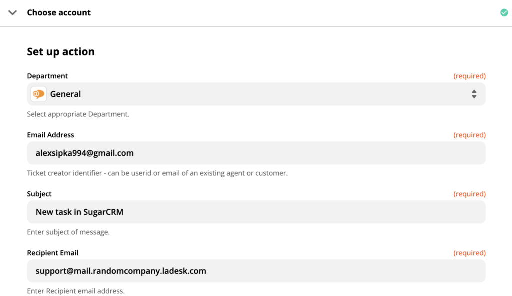 LiveAgent action setup in Zapier integration