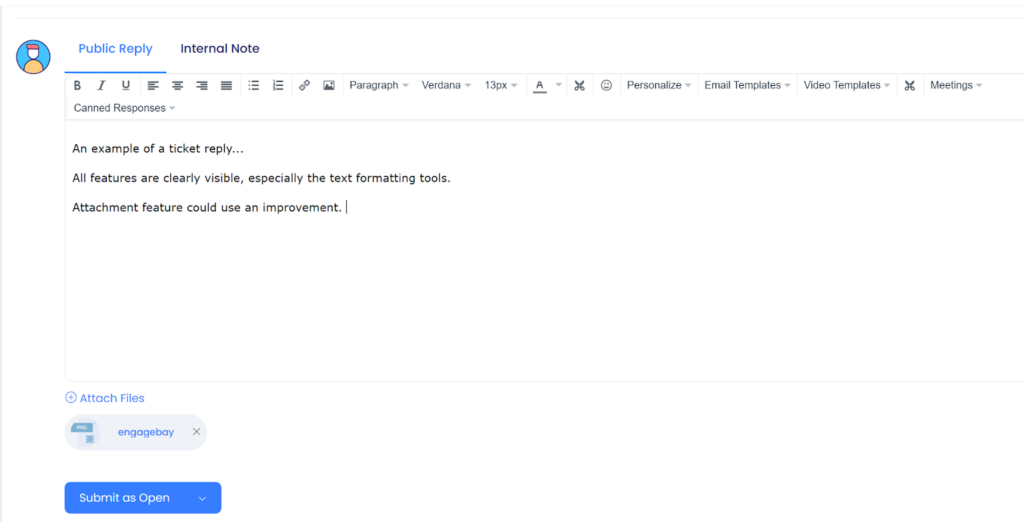 EngageBay - example of ticket reply