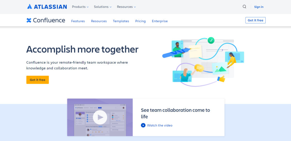 Confluence home page displaying their tool for easy knowledge management and sharing.