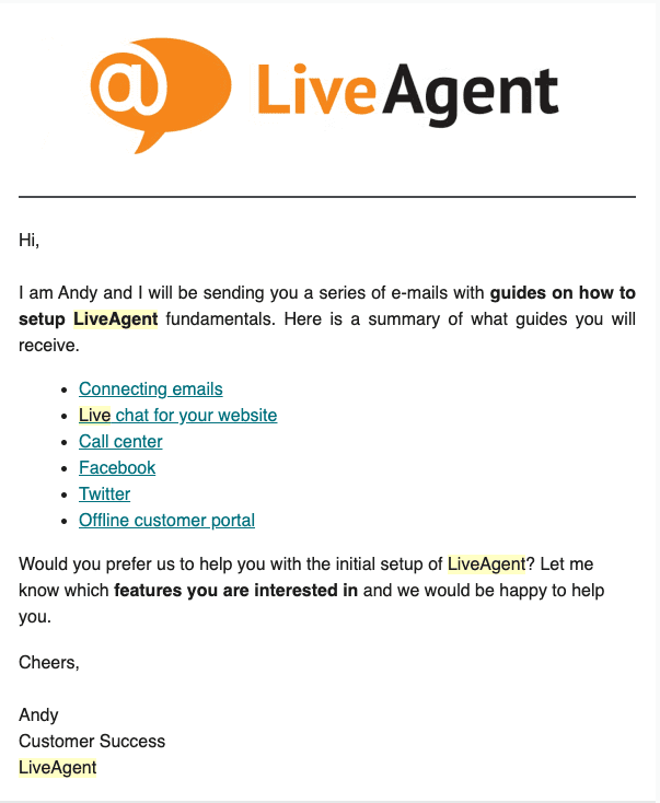 LiveAgent onboarding welcome email template