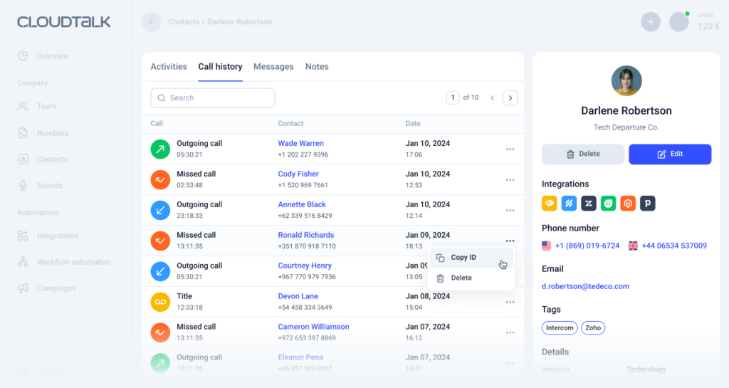 CloudTalk user interface