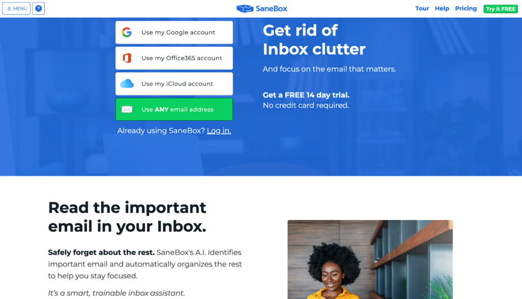 SaneBox home page, AI-powered email management system 