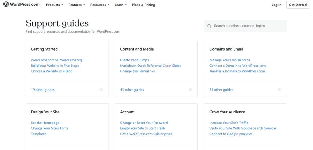 Image of the WordPress support guides listing different articles organized by category