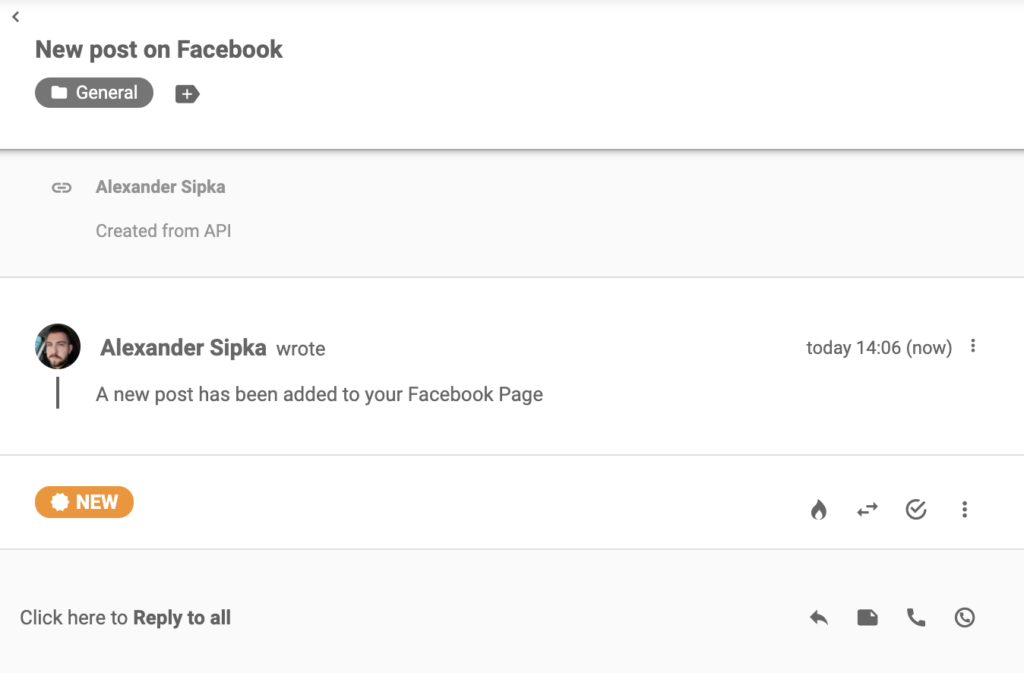 Facebook notification that arrived in LiveAgent