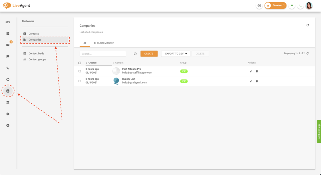 how to find companies in LiveAgent
