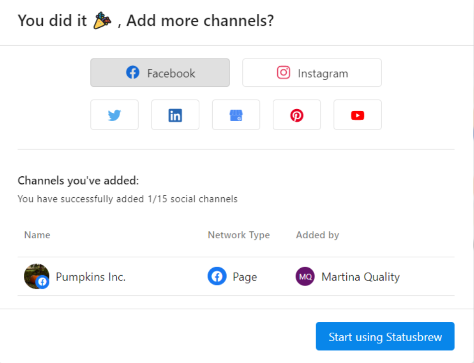 Statusbrew - Facebook page linked