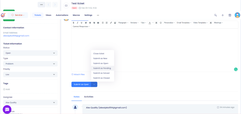EngageBay - change the ticket status