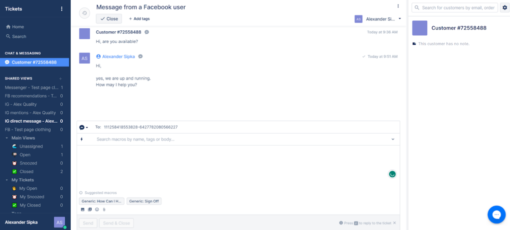 Gorgias - message from Facebook user