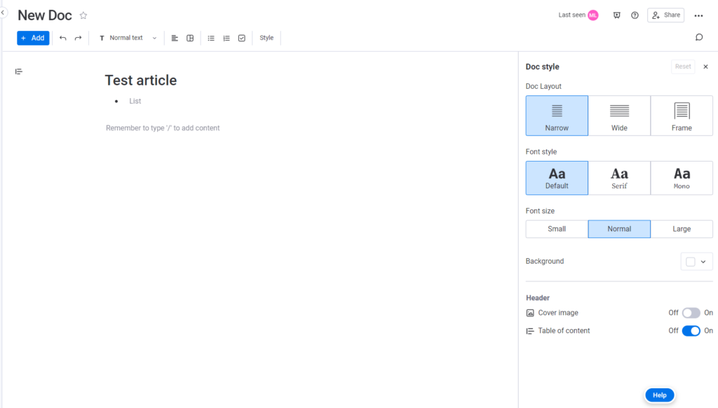 Doc styles setting for knowledge base article in monday.com