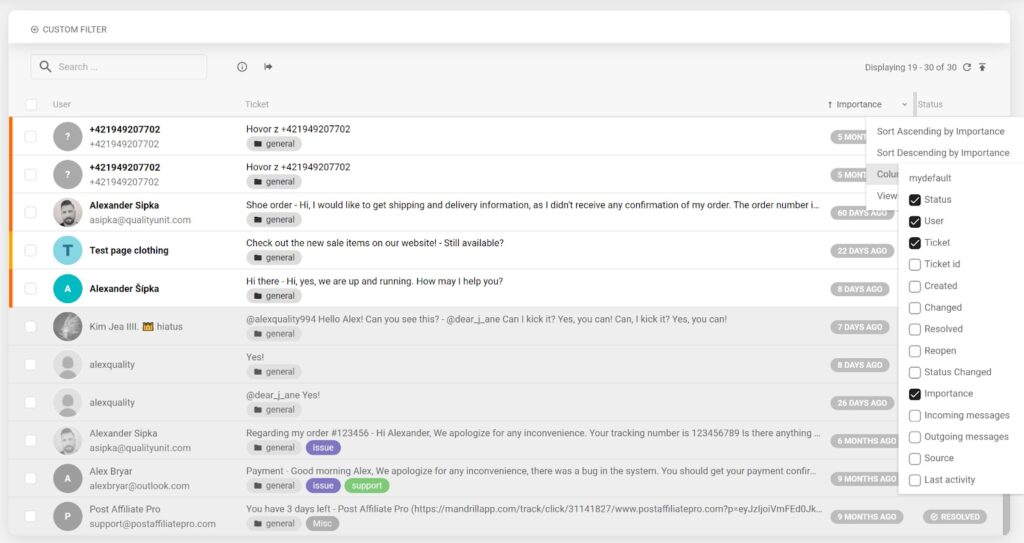 LiveAgent - ticket status filters settings
