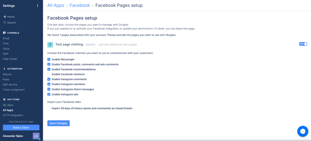 Gorgias - Facebook page setup