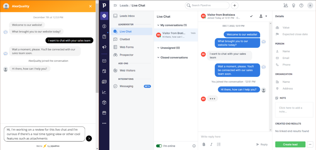 PipeDrive live chat from customer's and agent's view