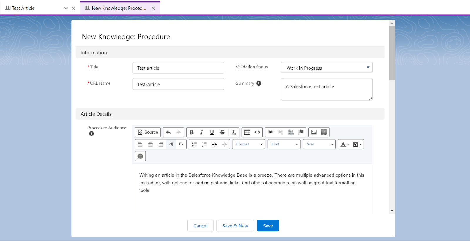 Salesforce Sales Cloud knowledge base article editor