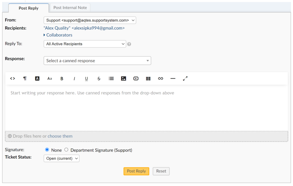 osTicket - ticket reply field