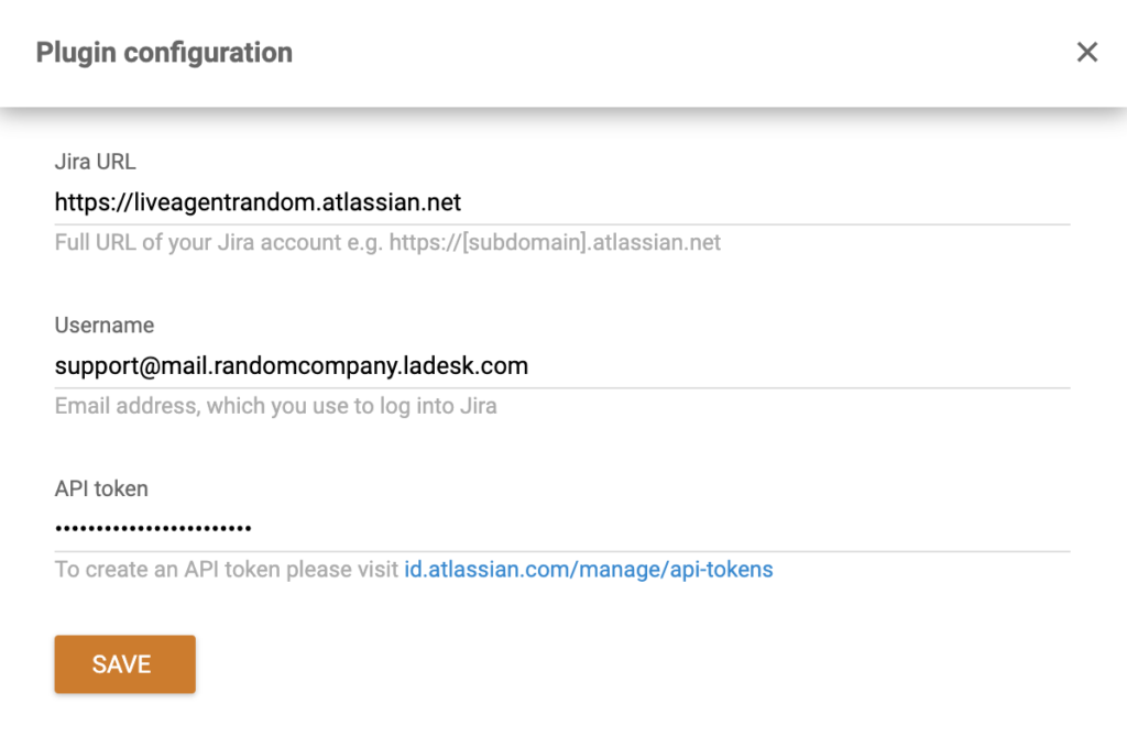 Jira plugin configuration window in LiveAgent settings