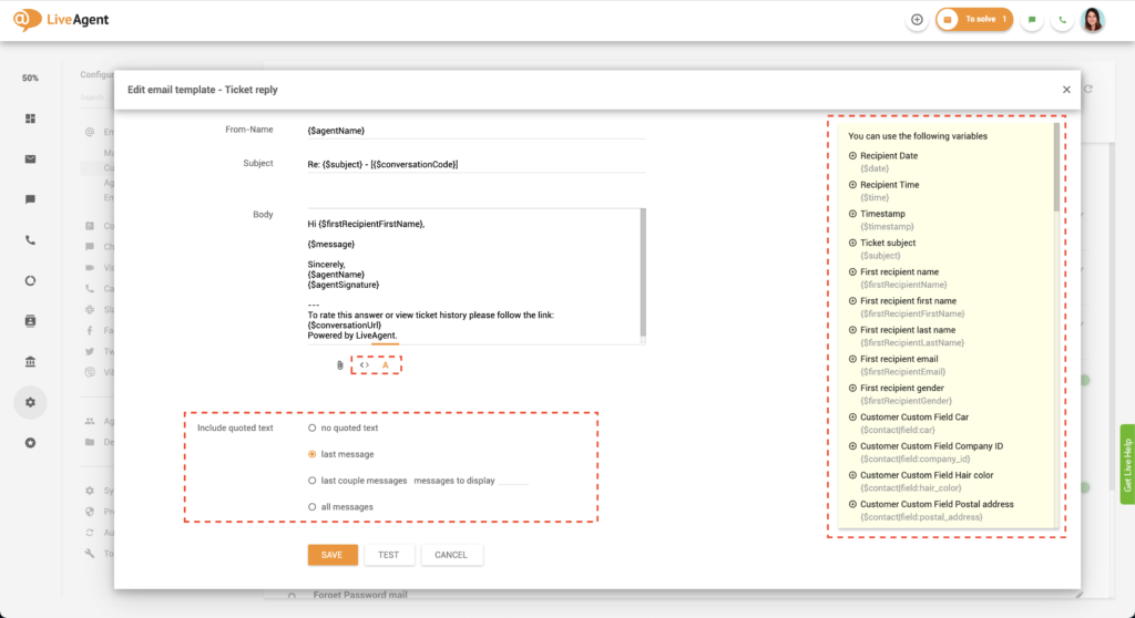 LiveAgent's email templates customazing