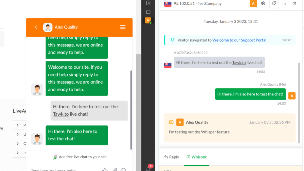 Tawk.to live chat whisper feature