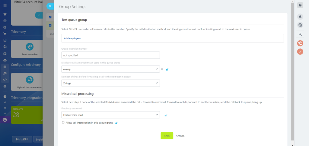Bitrix24 call center group settings