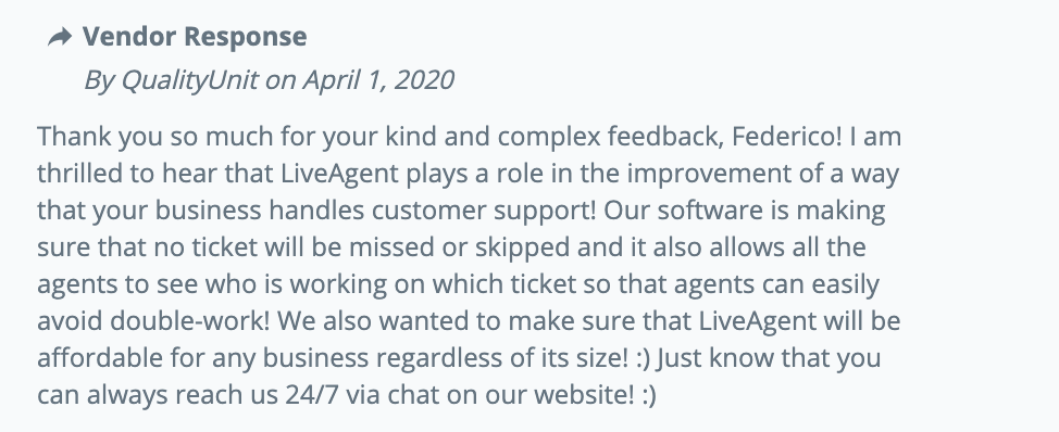 Capterra LiveAgent customer feedback response