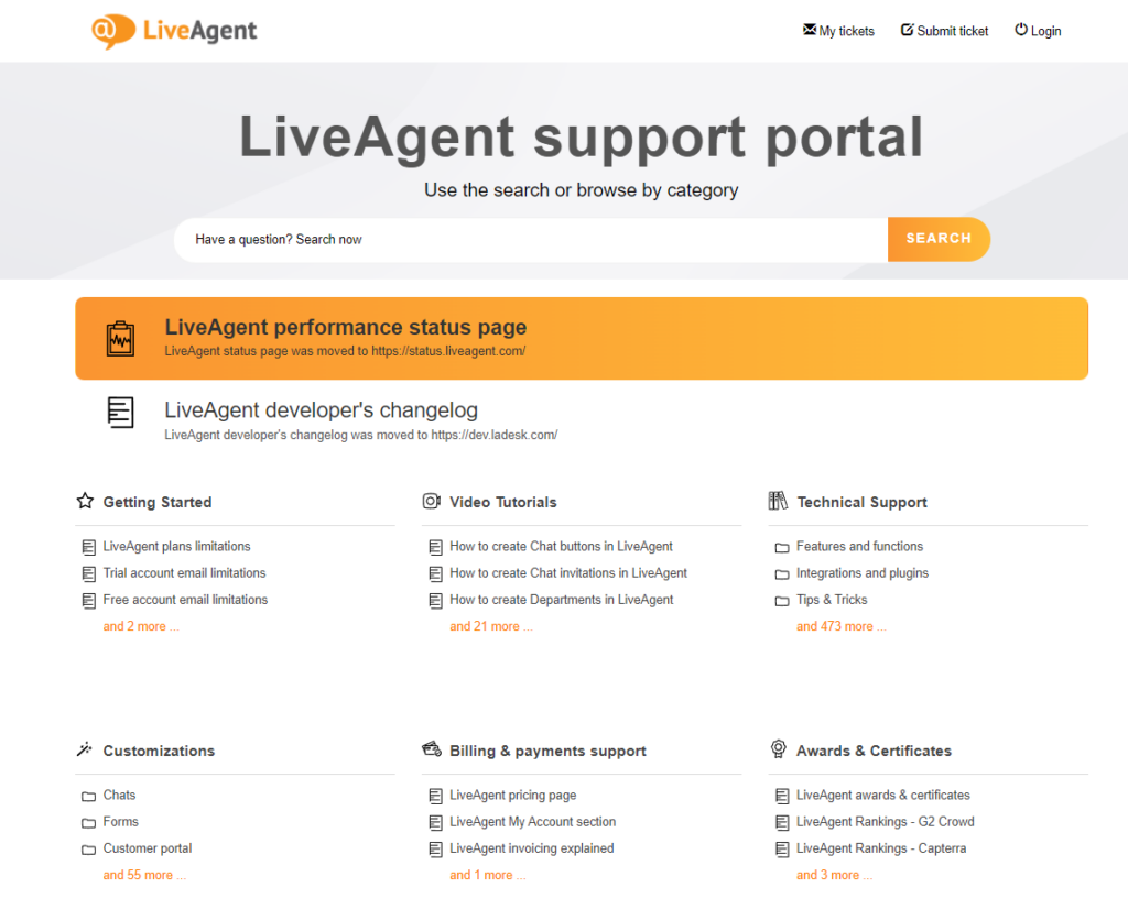 Screenshot showcasing technical support category from LiveAgent’s knowledge base