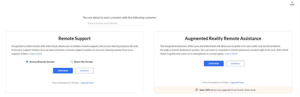 Zoho Desk - start a session with a customer