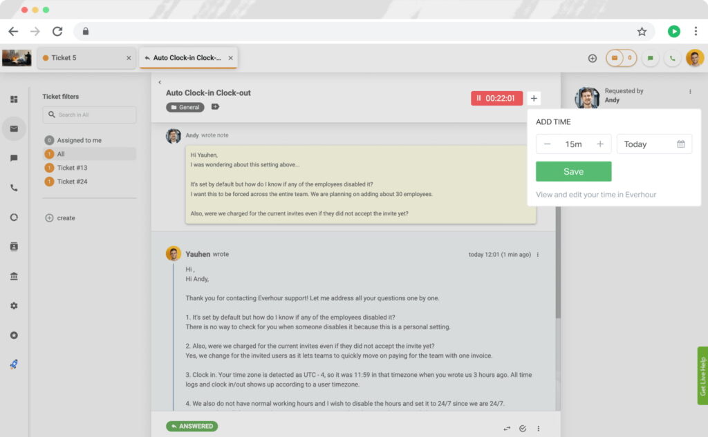 Everhour controls in LiveAgent