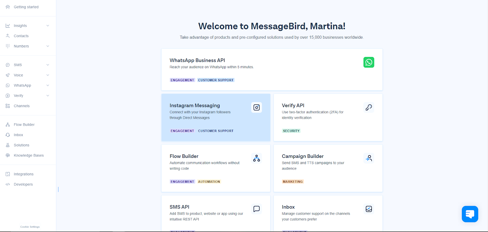 MessageBird welcome dashboard