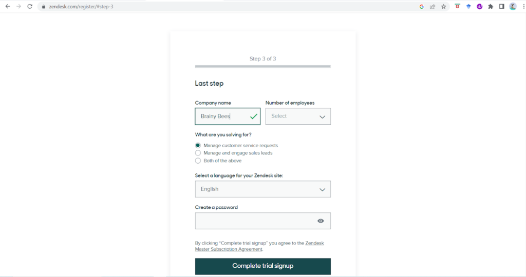 Zendesk - trial sign up