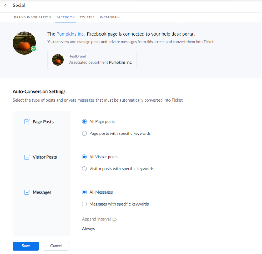 Zoho Desk - Facebook page successfully connected