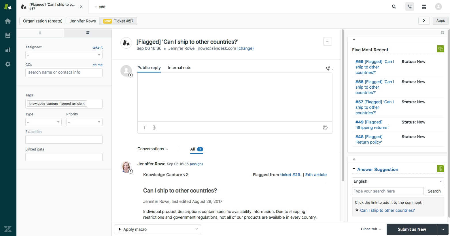 Zendesk's ticketing feature interface, a Servicenow alternative for efficient issue tracking