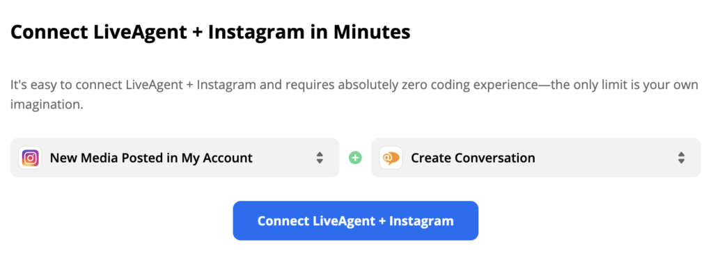 Selected Instagram trigger and LiveAgent action