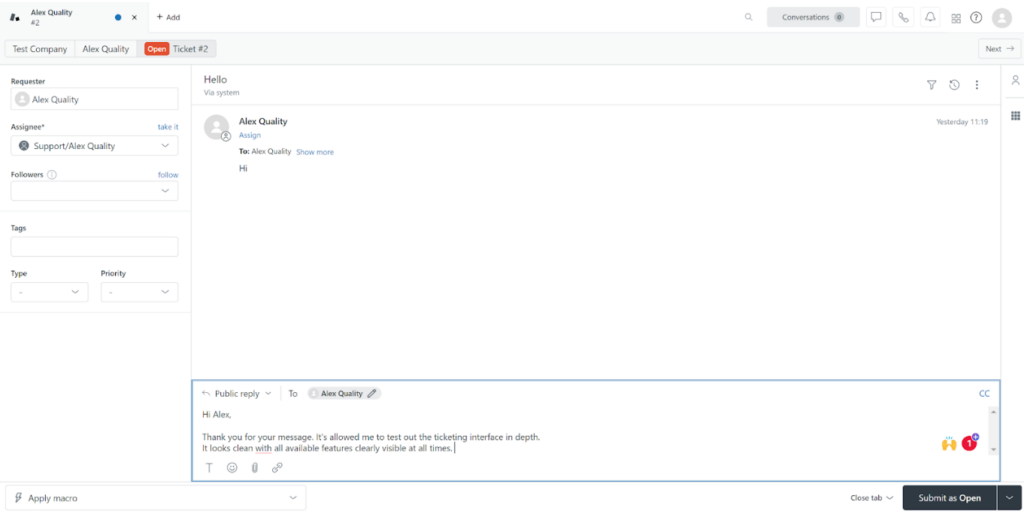 Zendesk - interface inside the ticket