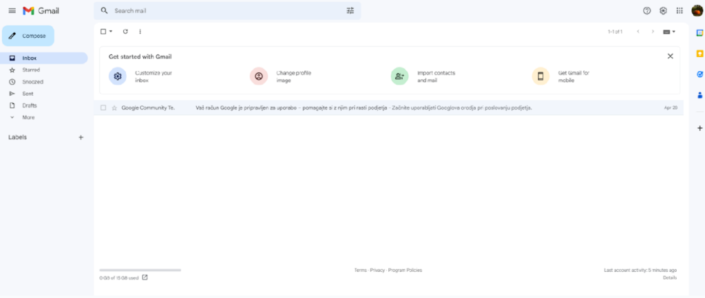 Gmail - standard inbox layout