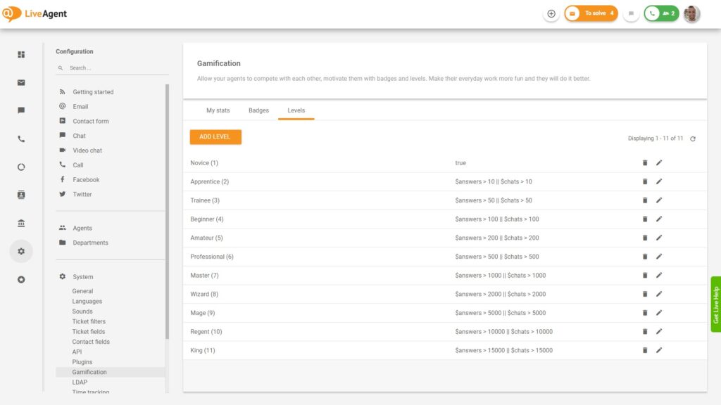 Gamification levels - LiveAgent