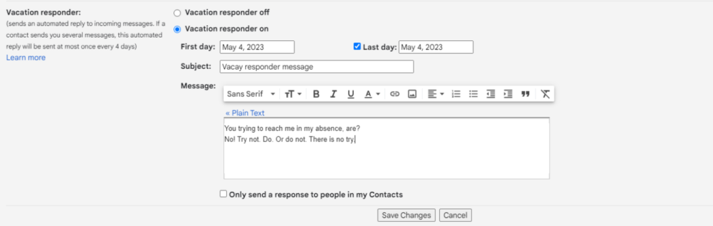 Gmail - vacation responder