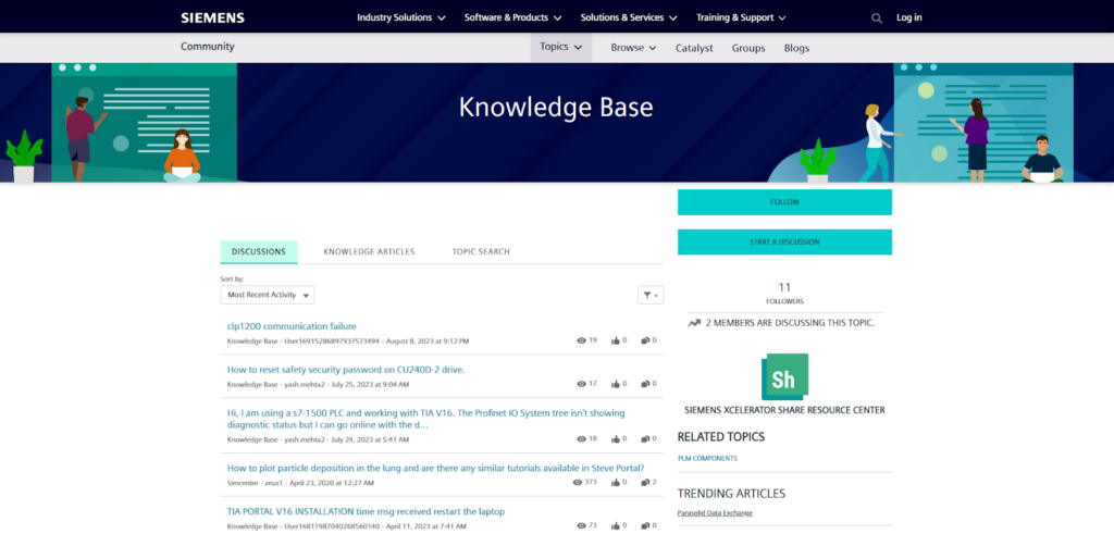 Knowlege base page of Siemens
