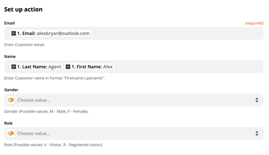 LiveAgent action configuration with data in fields on Zapier