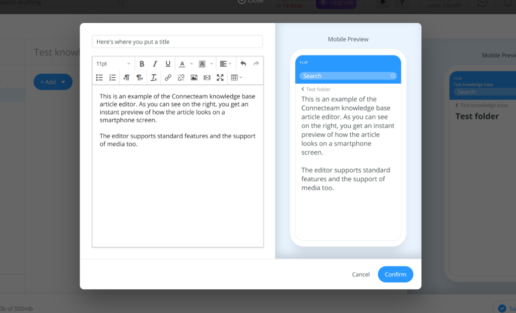 Creating new knowledge base article in Connecteam