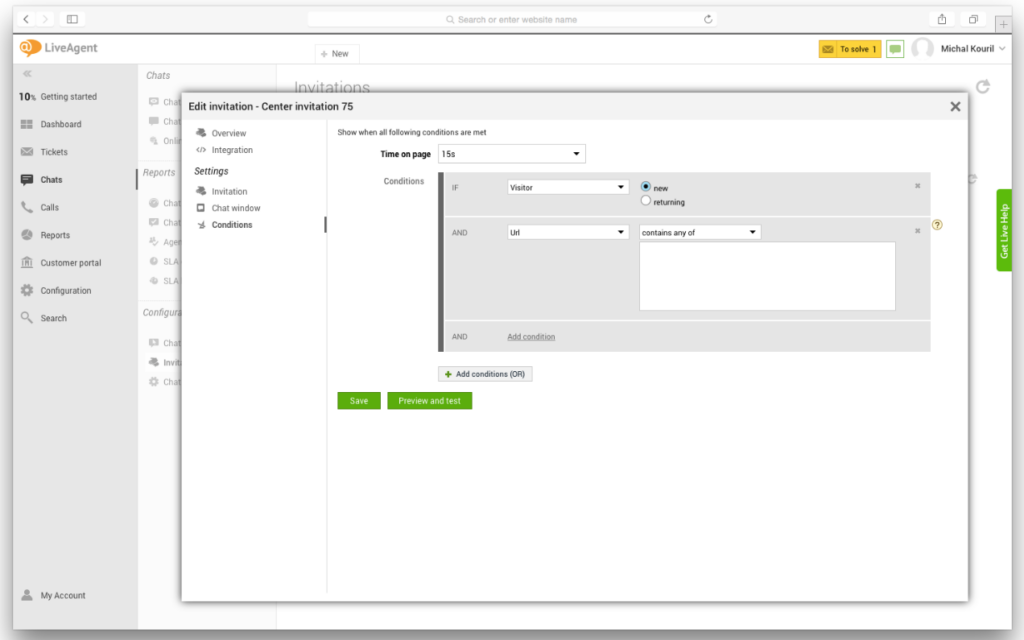 LiveAgent settings showcasing how to set proactive chat triggers
