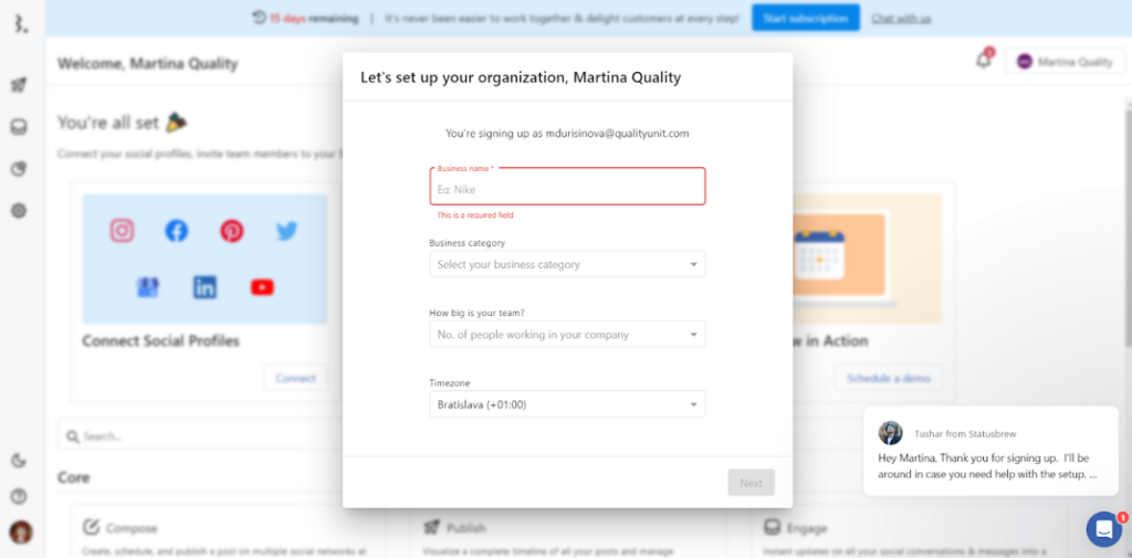 Statusbrew - set up your organization