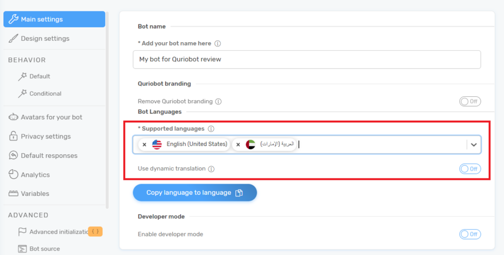 Quriobot - multilingual settings