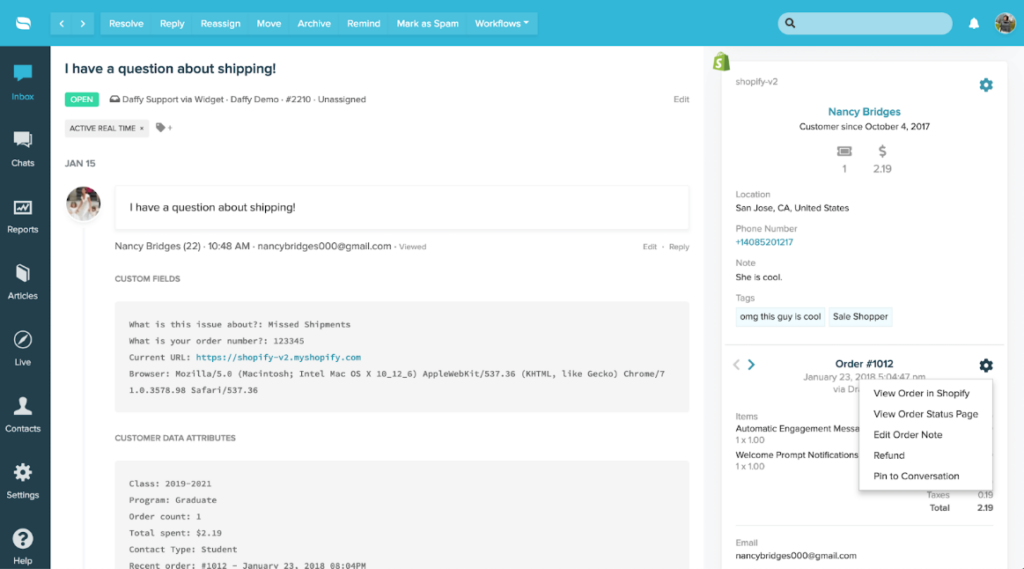 Image showing how the integration between Re:amaze and Shopify looks like when a customer reaches out to customer service with a question regarding shipping information.
