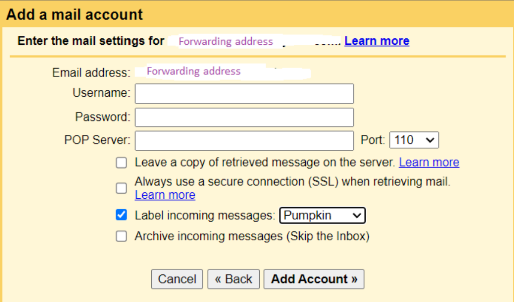 Gmail - mail settings for forwarding address