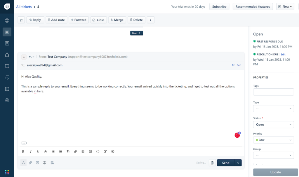 Freshdesk - replying to a ticket