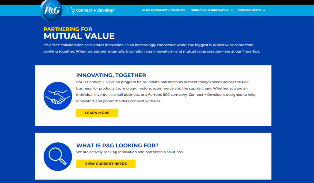 Home page of platform Procter & Gamble - Displying tool for easy external collaboration and knowledge sharing.