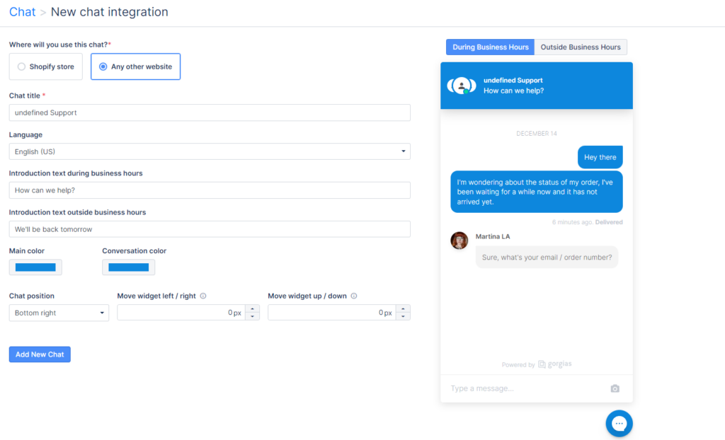 Gorgias new chat widget settings