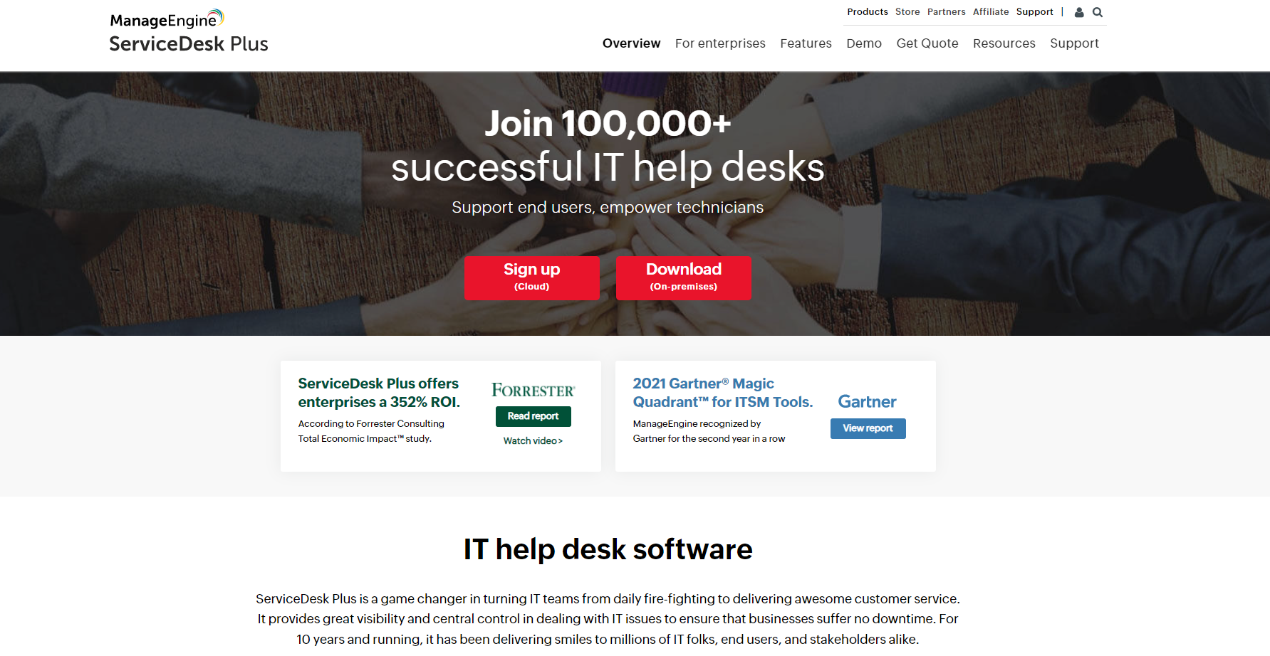ManageEngine Service Desk Plus IT ticketing software homepage
