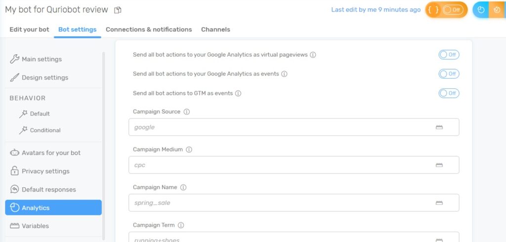 Quriobot - tracking & analytic settings