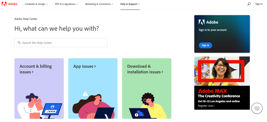 Adobe knowledge base landing page, showing their knowledge management system.