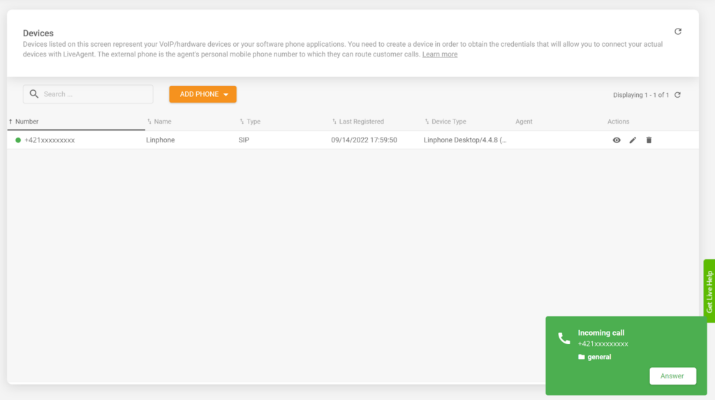 Linphone number in LiveAgent help desk software
